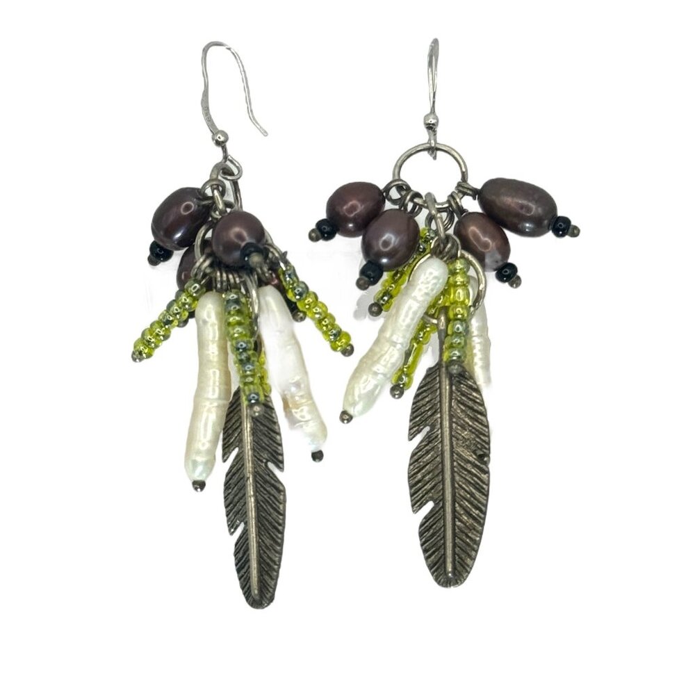 Sterling Genuine Pearl Dangle Earrings Biwa Pearls Feather Detail Beautiful Fun